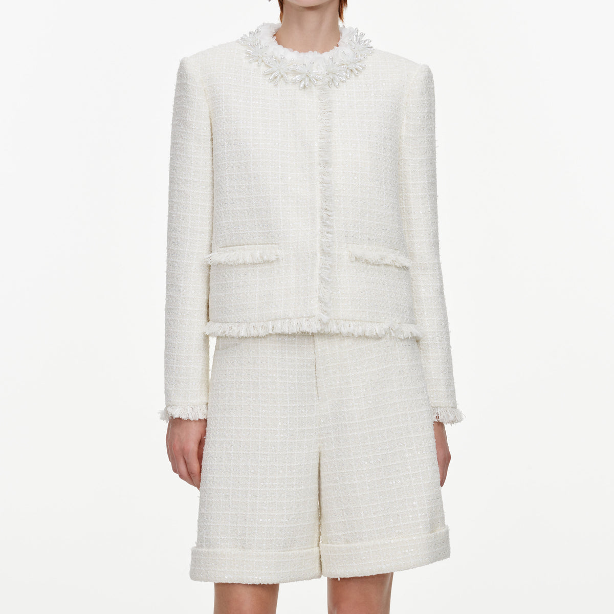 Cream Sequin Boucle Pearl Trim Jacket