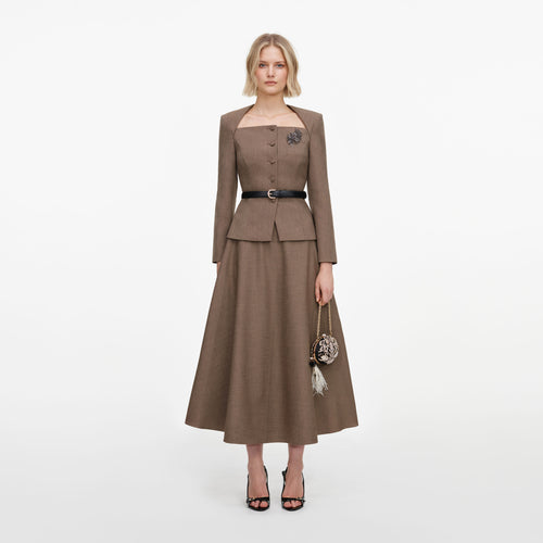 Front view of a woman wearing the Brown Tailored Twill Midi Dress