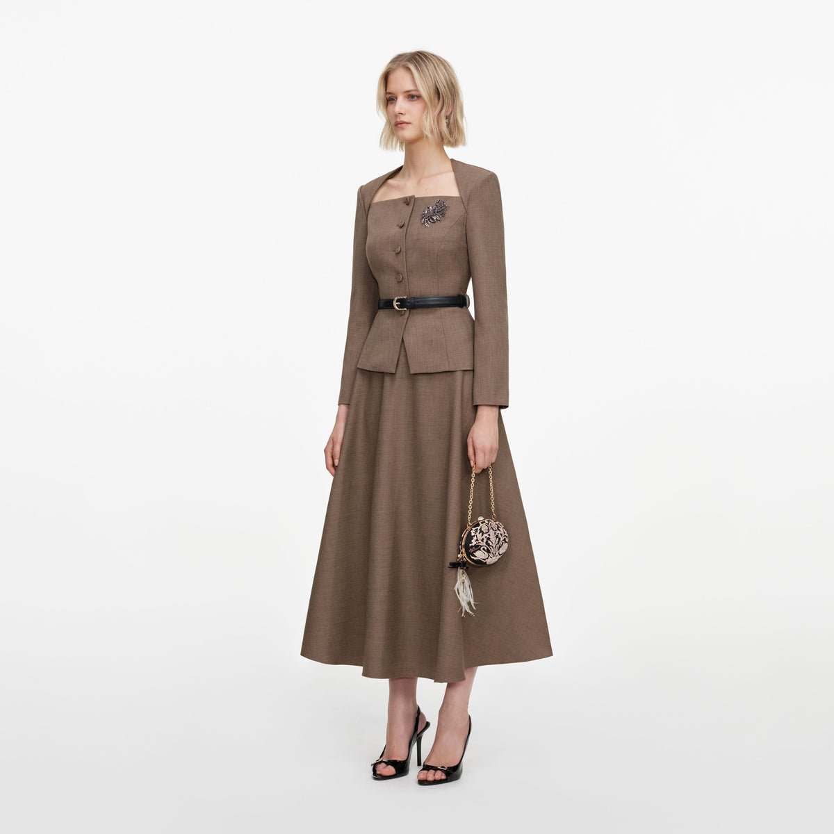 Side view of a woman wearing the Brown Tailored Twill Midi Dress