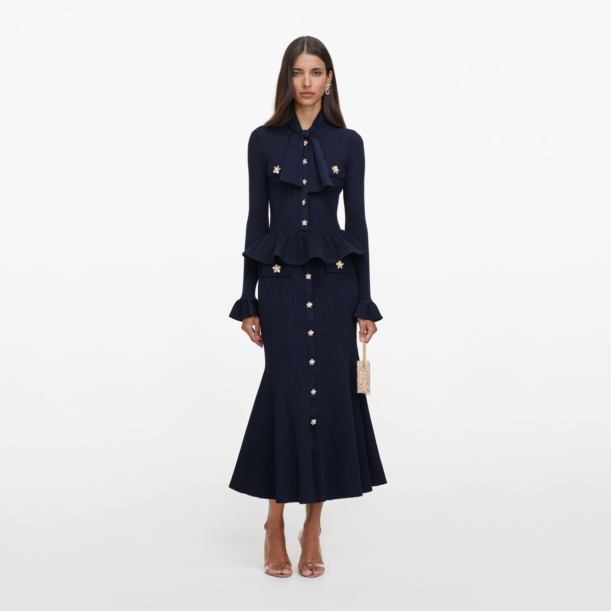 Navy Peplum Knit Midi Dress
