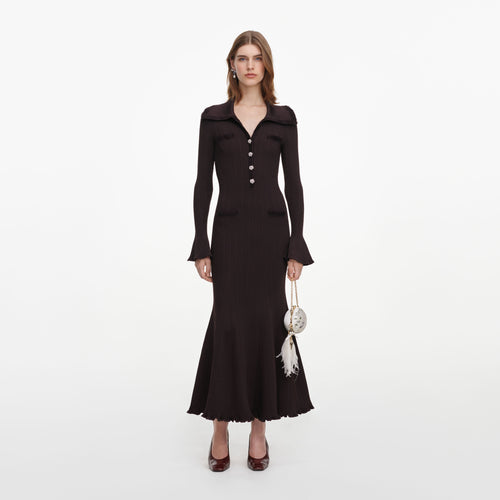 Front view of a woman wearing the Brown Fringe Knit Midi Dress