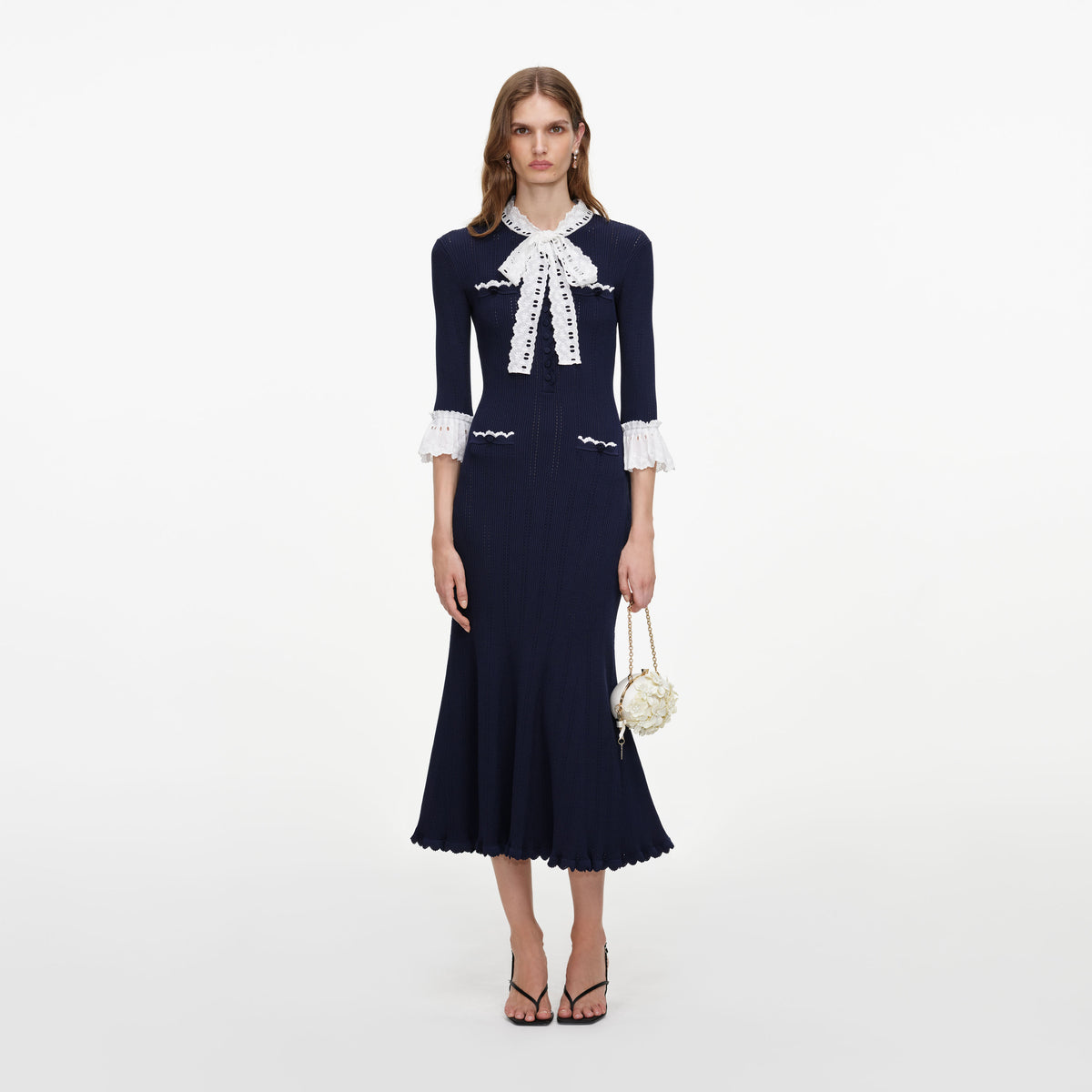 Navy Pointelle Lace Knit Midi Dress
