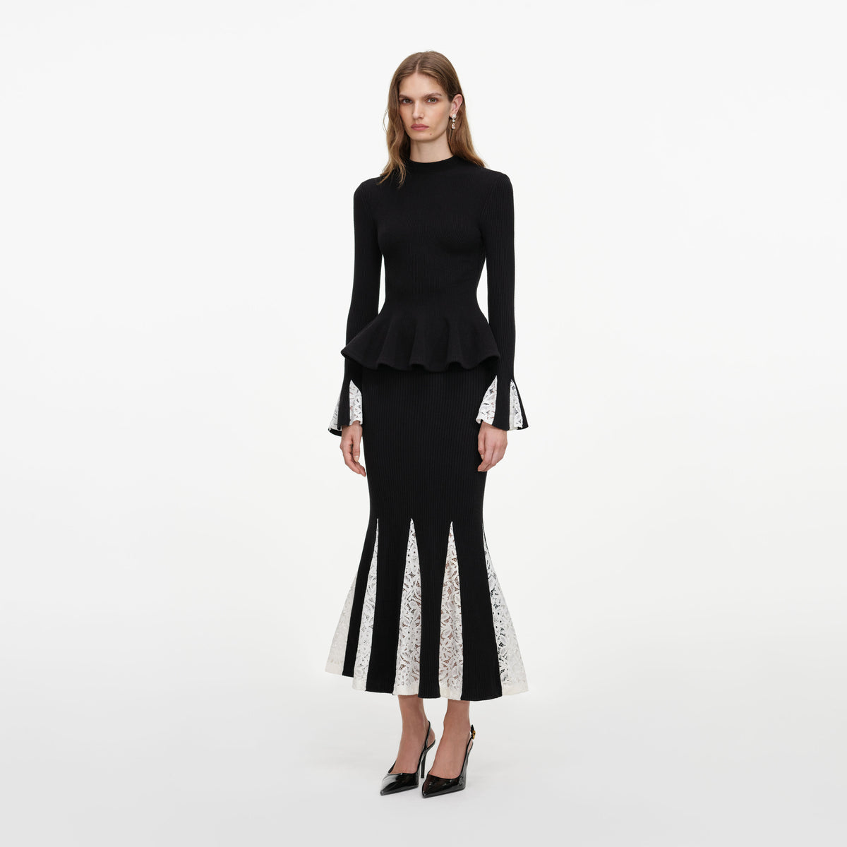 Black Lace Insert Knit Midi Dress