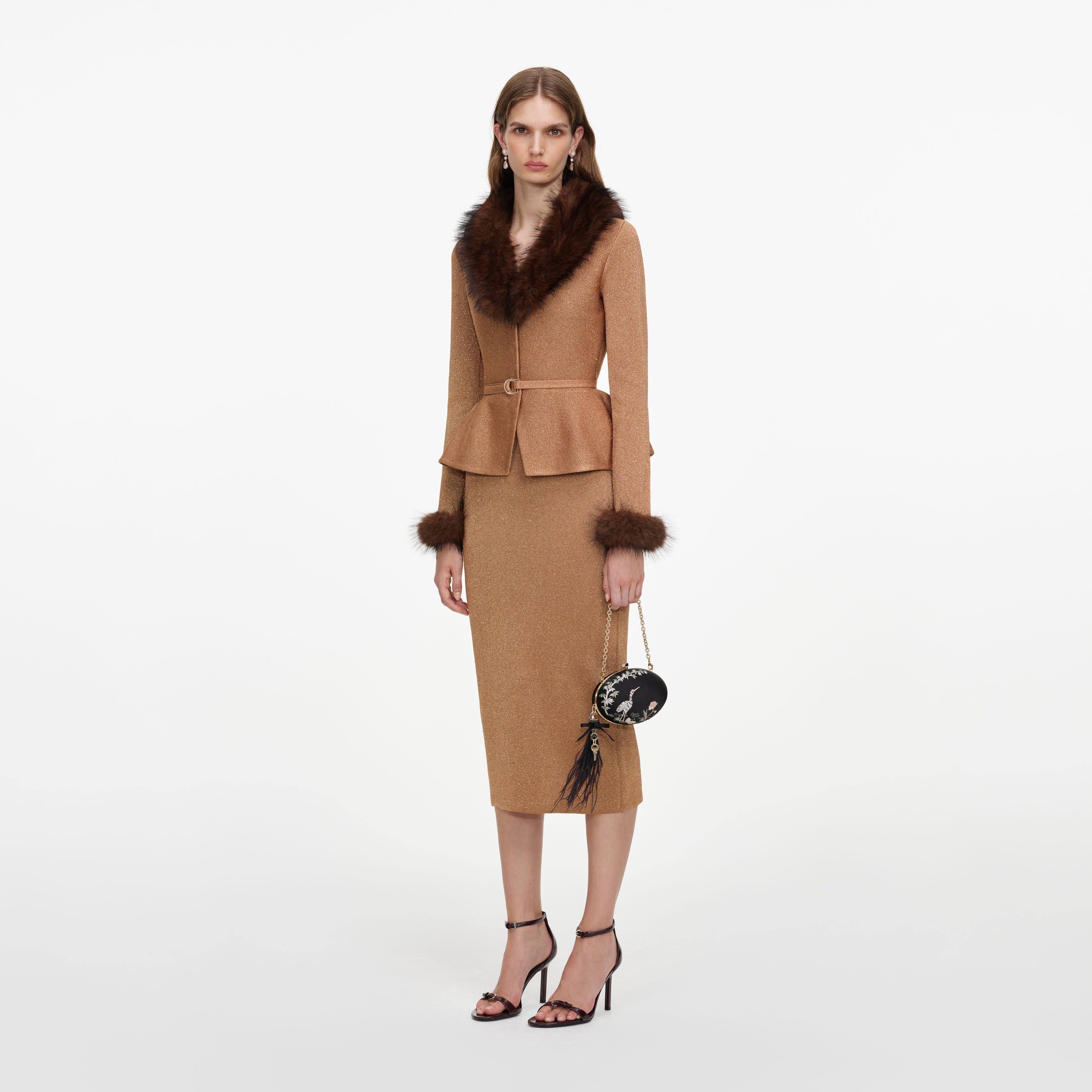 Gold Fur Collar Knit Midi Dress