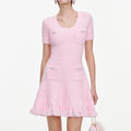 Pink Textured Fringe Knit Mini Dress