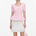 Pink Textured Fringe Knit Top