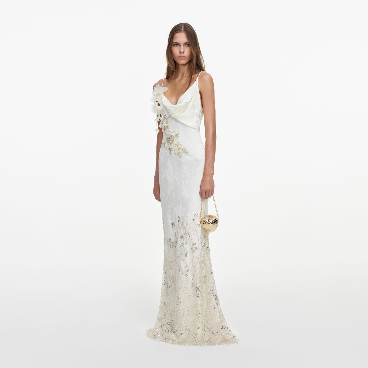 Side view of a woman wearing the Cream Embellished Floral Maxi Dress