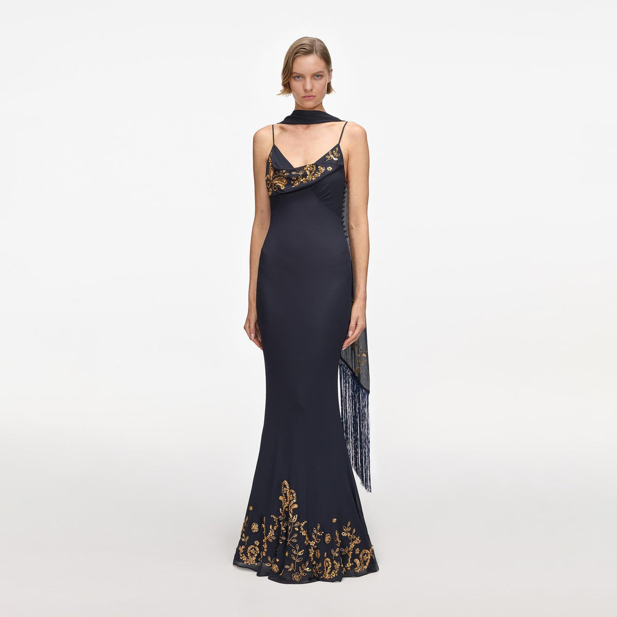 Navy Embellished Georgette Scarf Maxi Dress