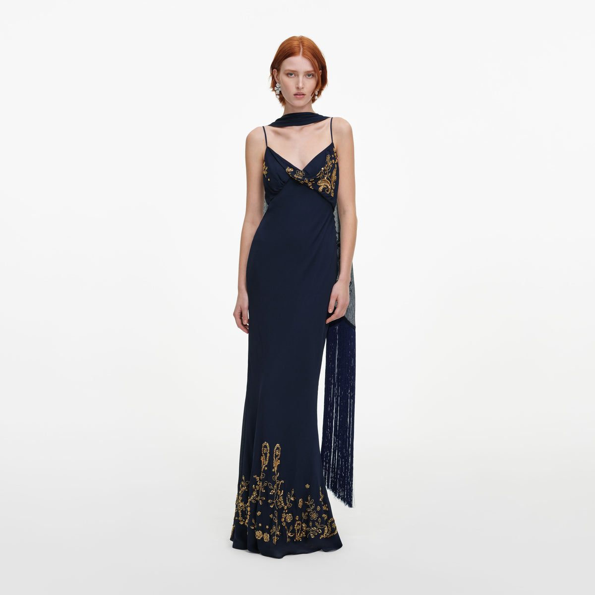 Front view of a woman wearing the Navy Embellished Georgette Scarf Maxi Dress