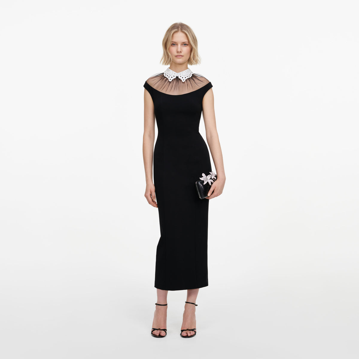 Front view of a woman wearing the Black Crepe Contrast Collar Midi Dress