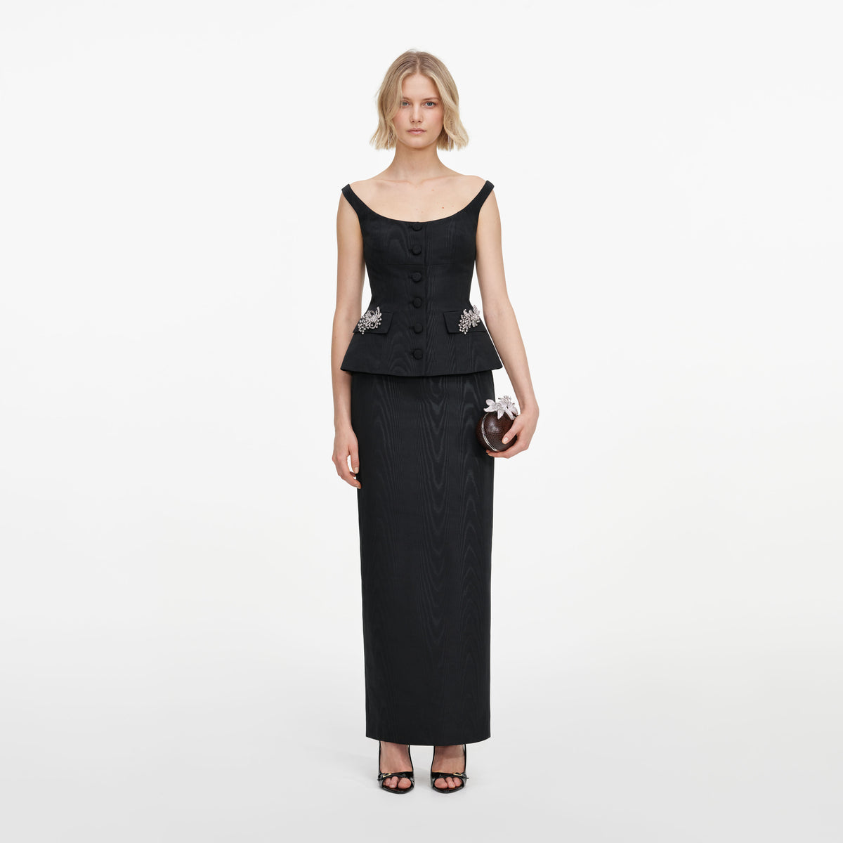 Front view of a woman wearing the Black Structured Bardot Maxi Dress