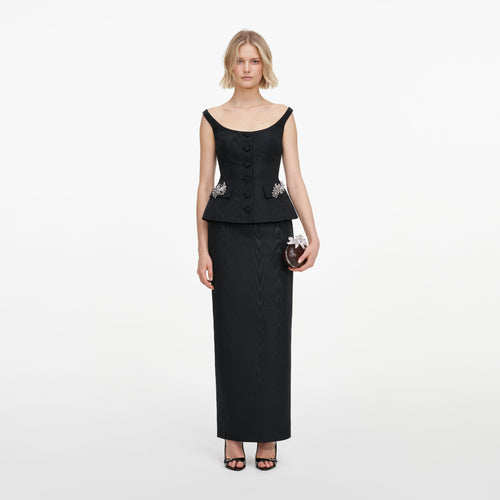 Front view of a woman wearing the Black Structured Bardot Maxi Dress