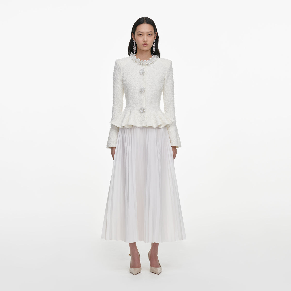 Front view of a woman wearing the White Textured Knit Chiffon Midi Dress