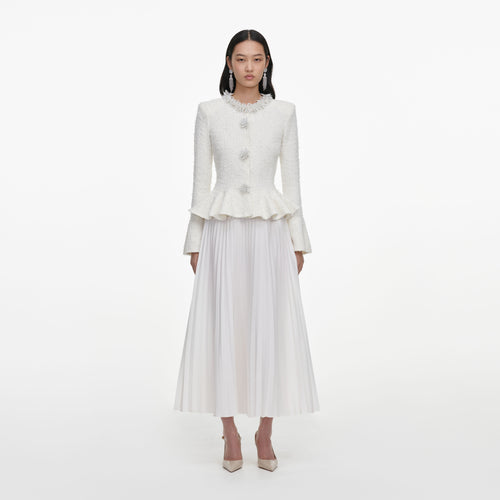 Front view of a woman wearing the White Textured Knit Chiffon Midi Dress