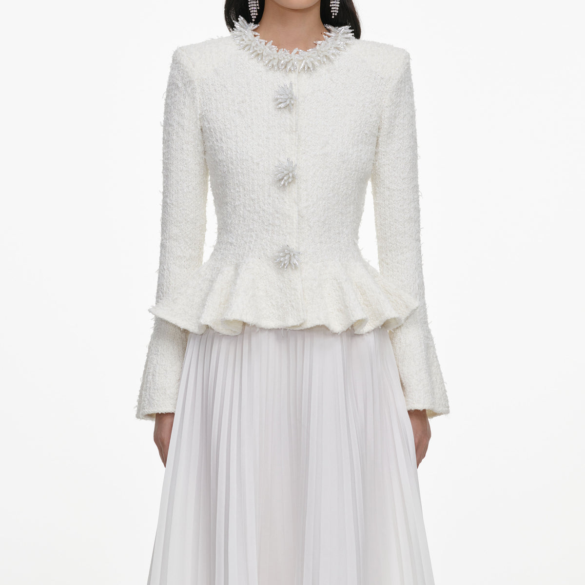 White Textured Knit Chiffon Midi Dress