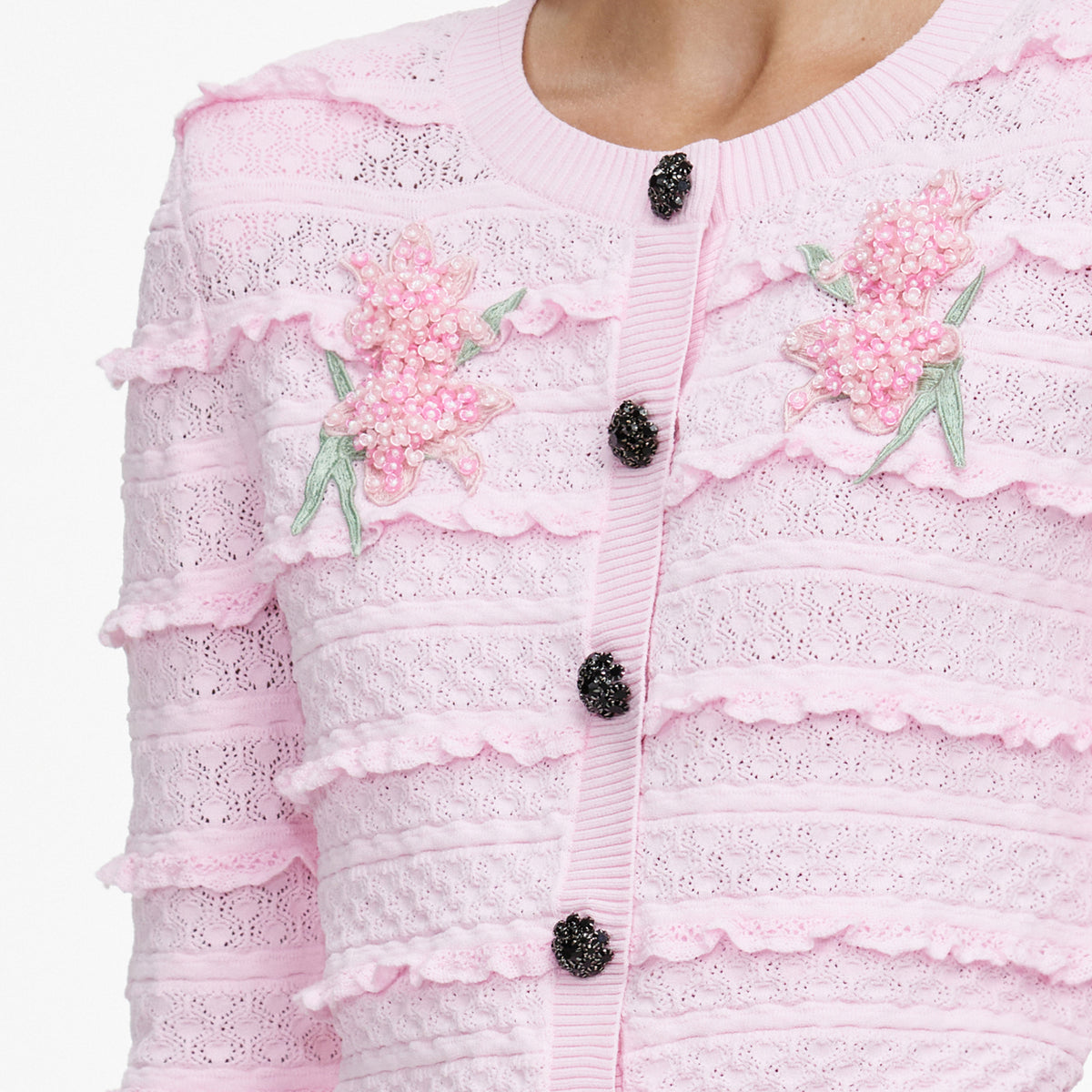 Pink Flower Pointelle Knit Cardigan