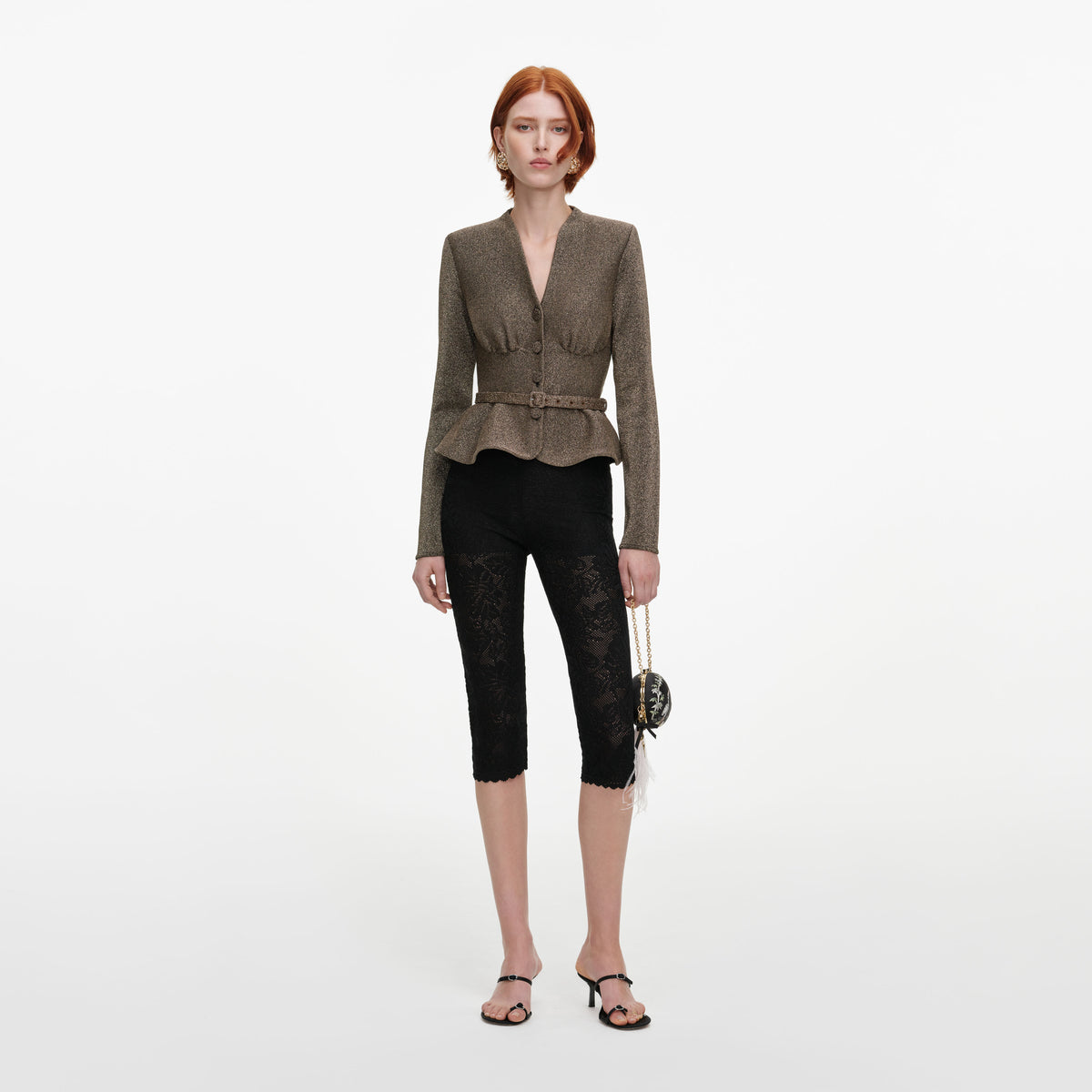 Front view of a woman wearing the Bronze Tailored Knit Top