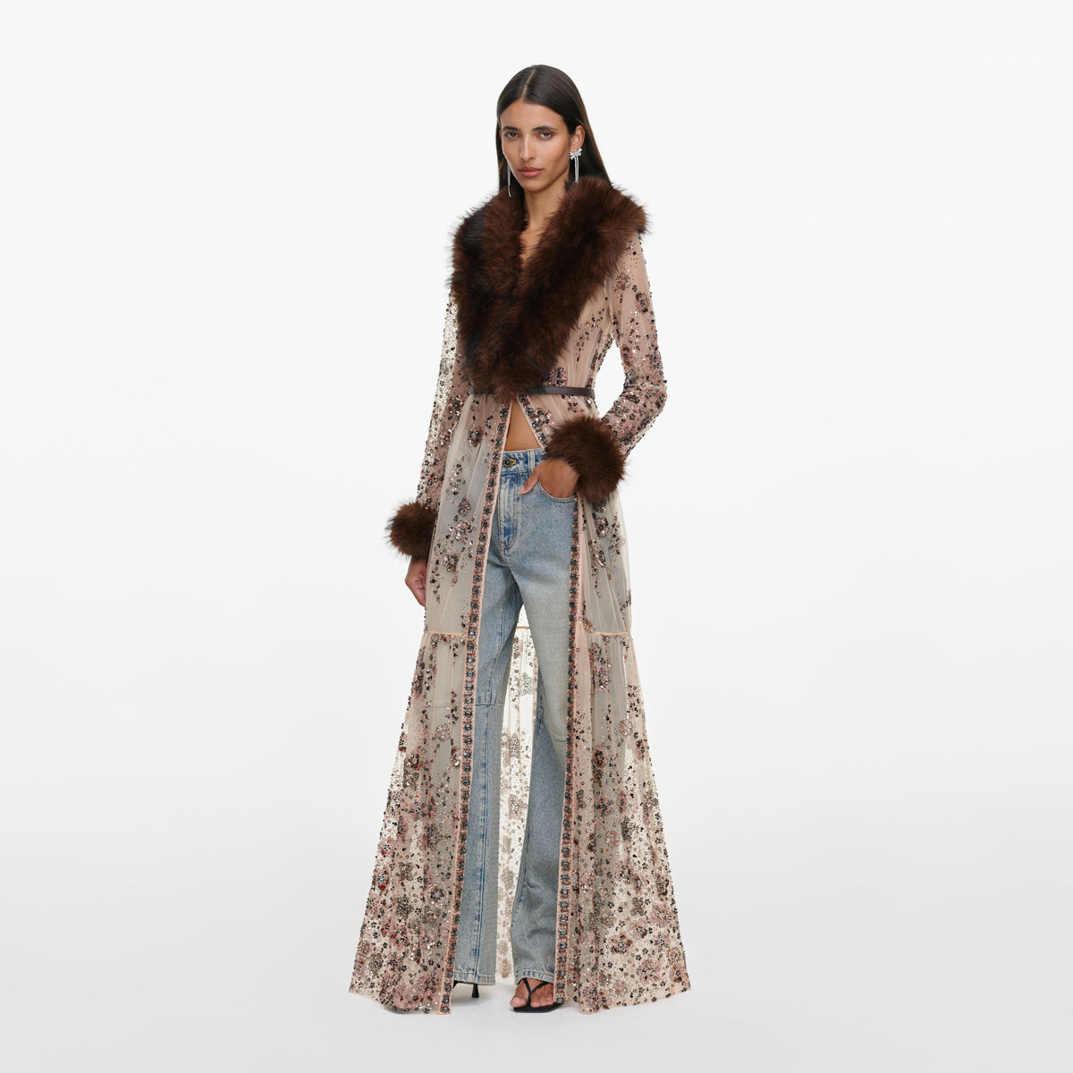 Side view of a woman wearing the Beige Sequin Embellished Fur Maxi Dress