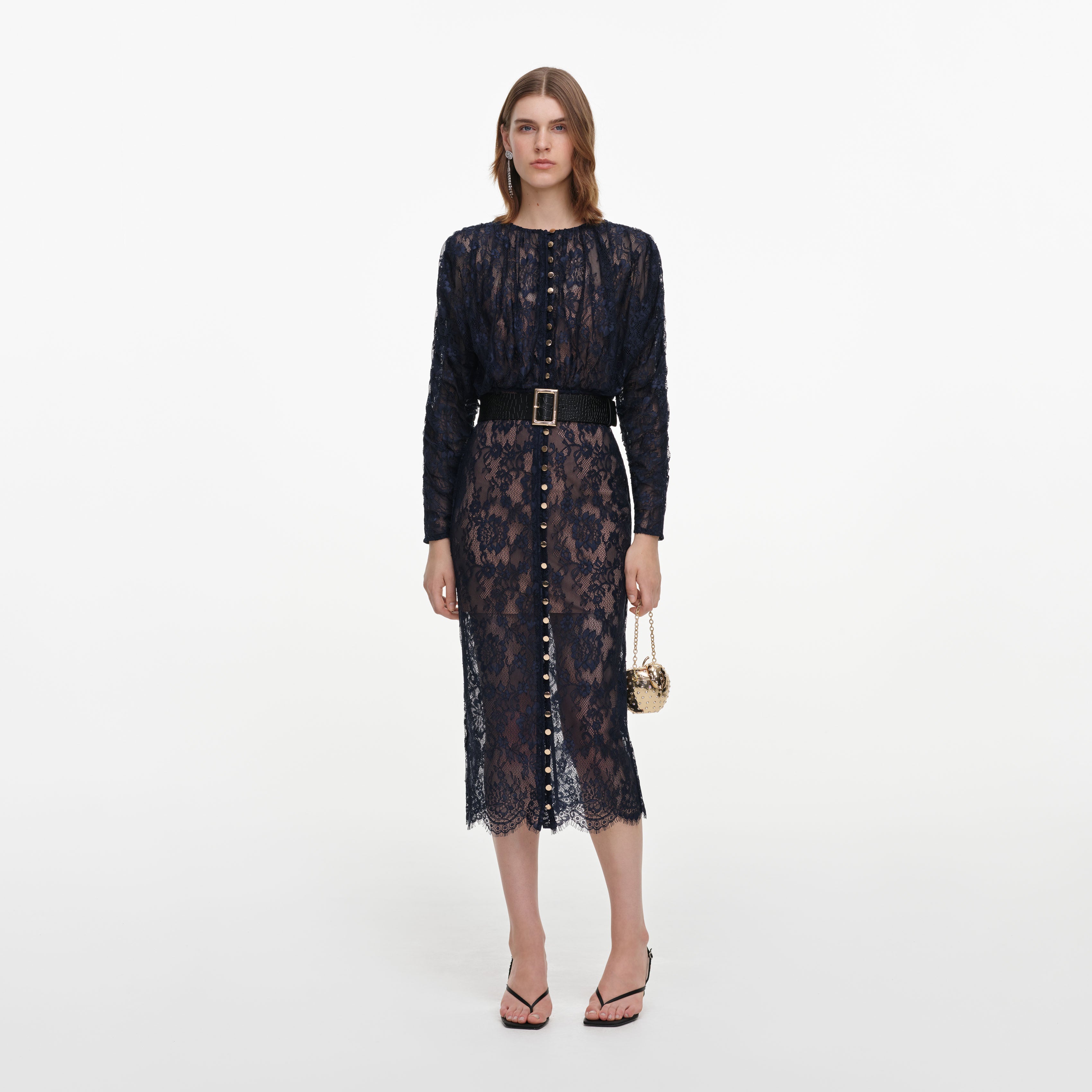 Navy Lace Button Midi Dress
