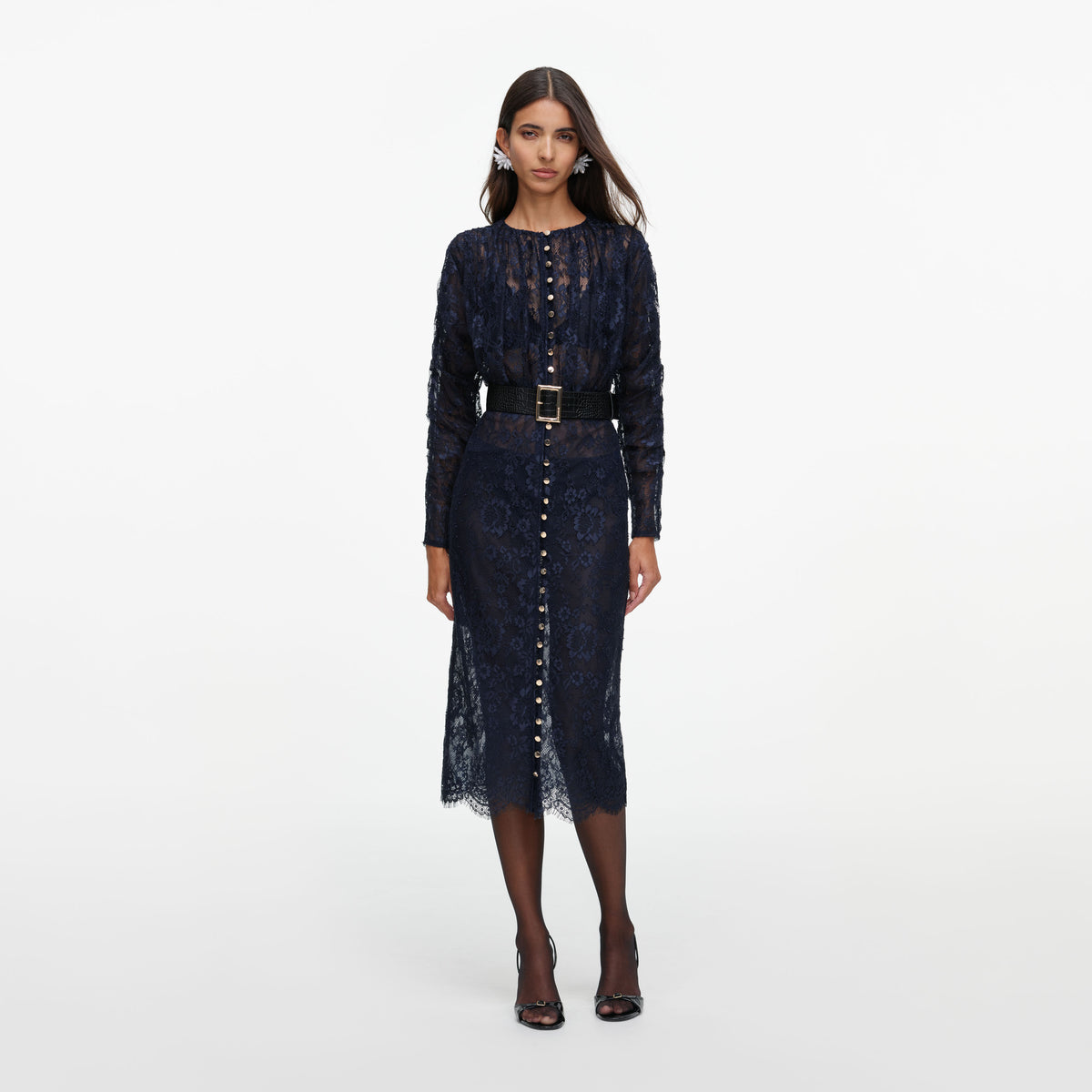 Navy Lace Button Midi Dress