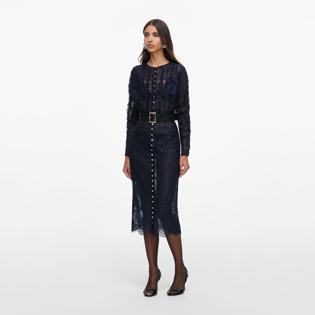 Navy Lace Button Midi Dress