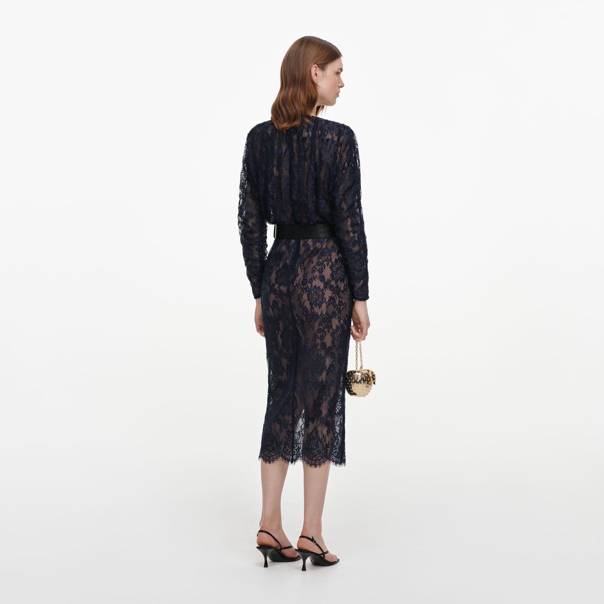 Navy Lace Button Midi Dress