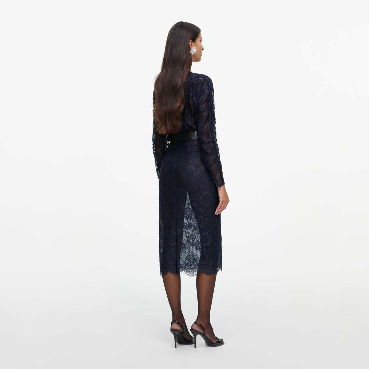 Navy Lace Button Midi Dress