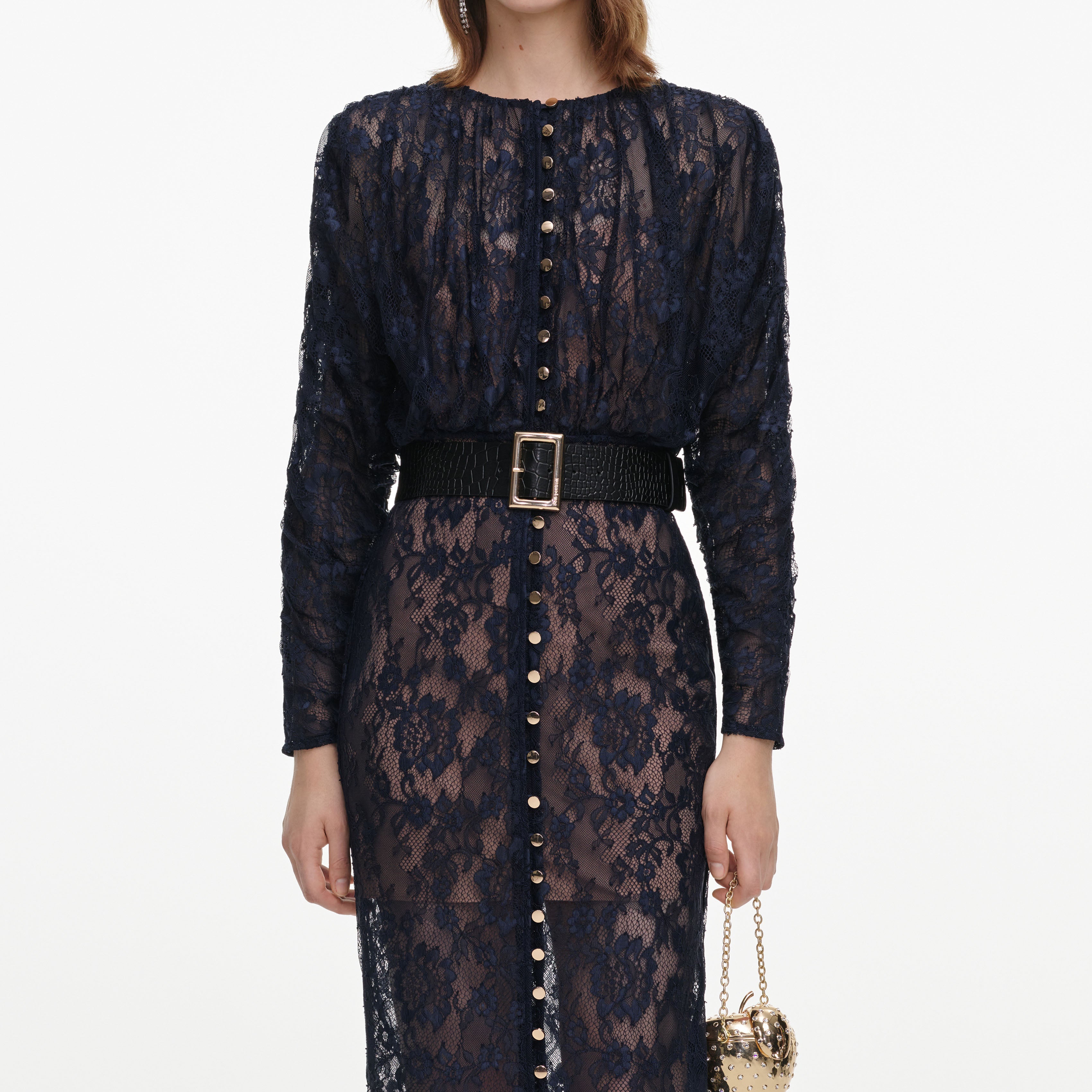 Navy Lace Button Midi Dress