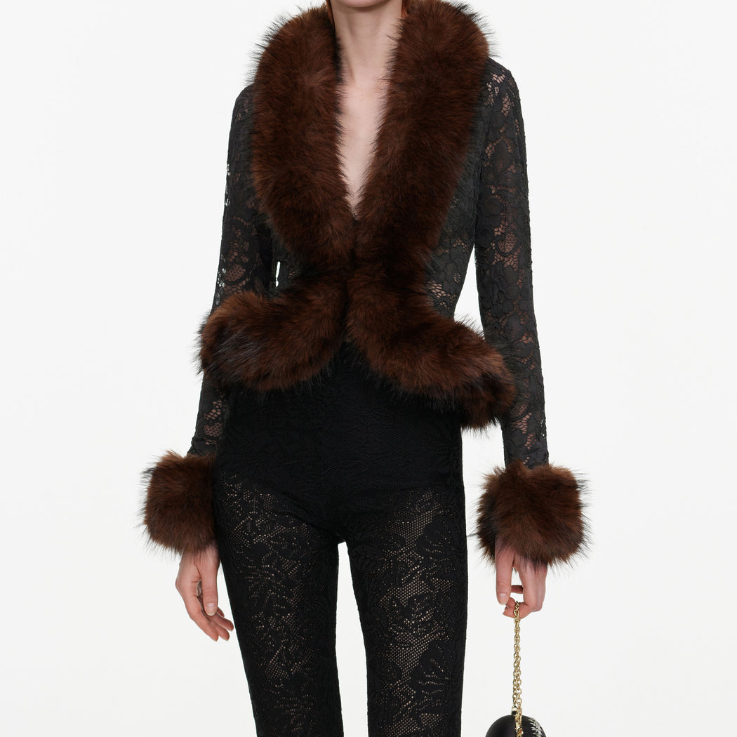 A close up of a woman wearing the Grey Lace Fur Collar Top