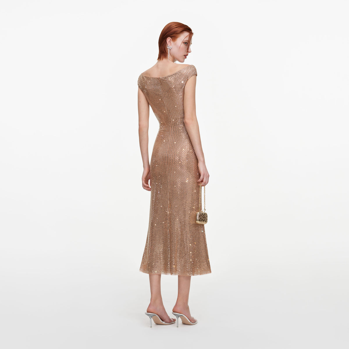Gold Rhinestone Off Shoulder Midi Dress