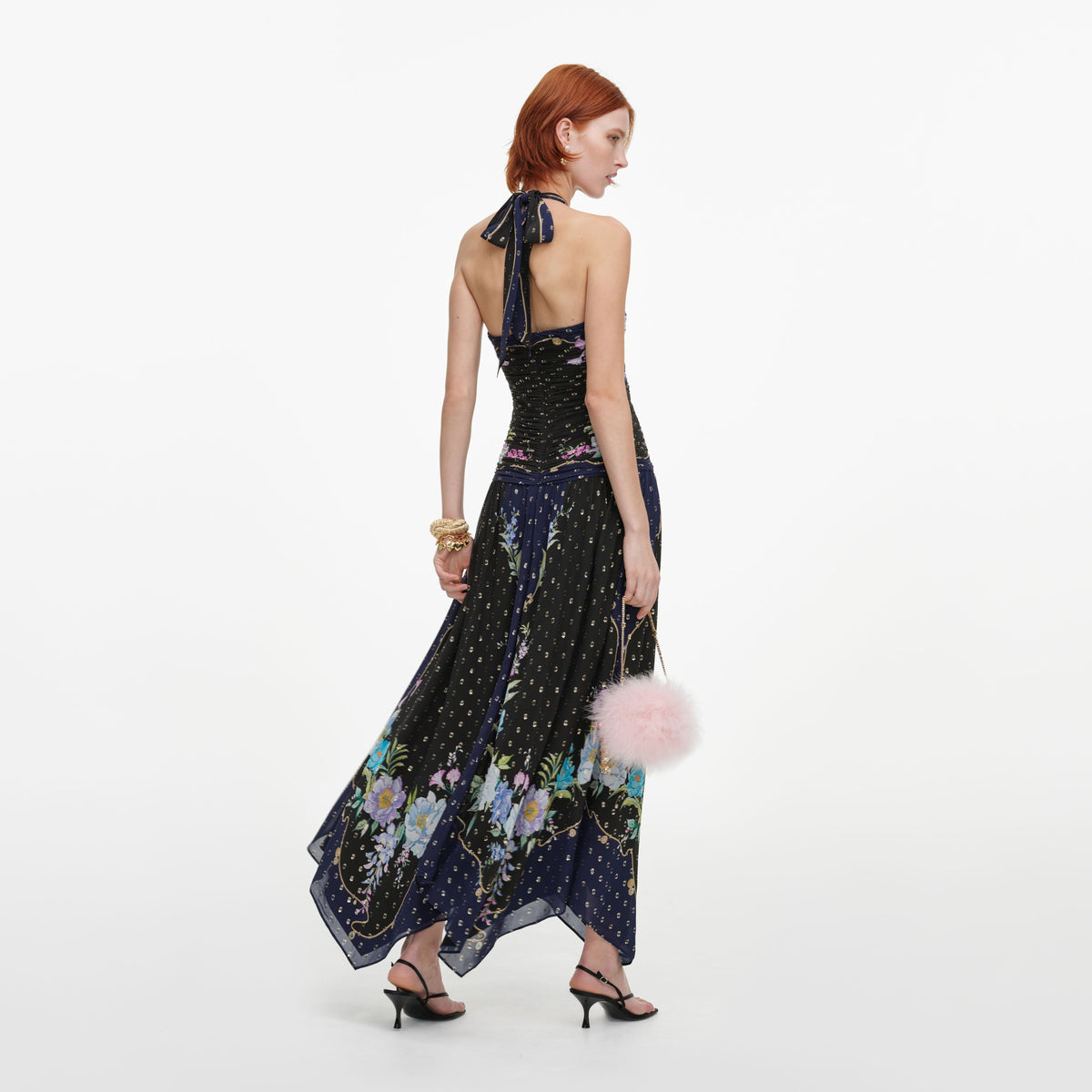 Back view of a woman wearing the Navy Metallic Chiffon Midi Dress