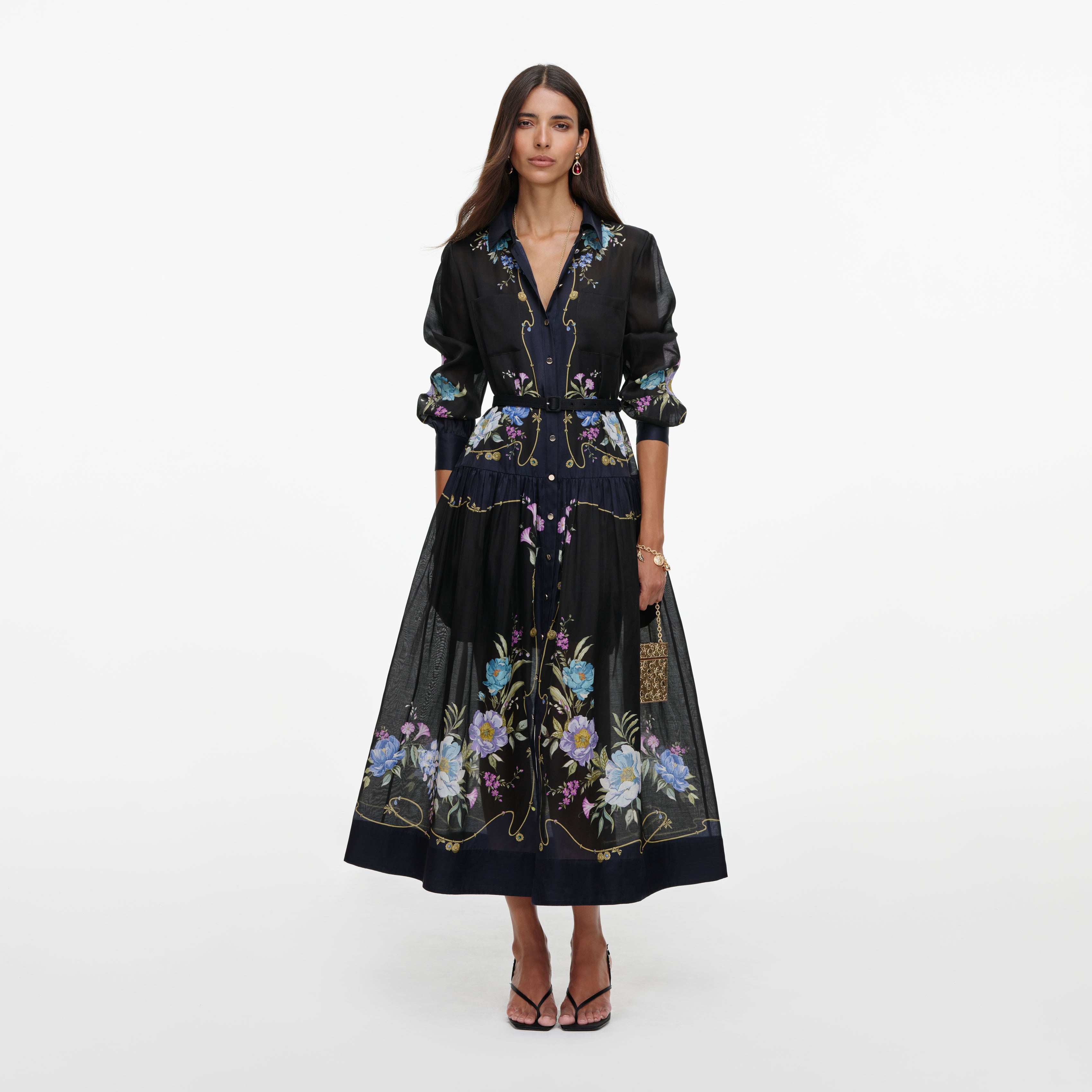 Navy Floral Organza Midi Dress