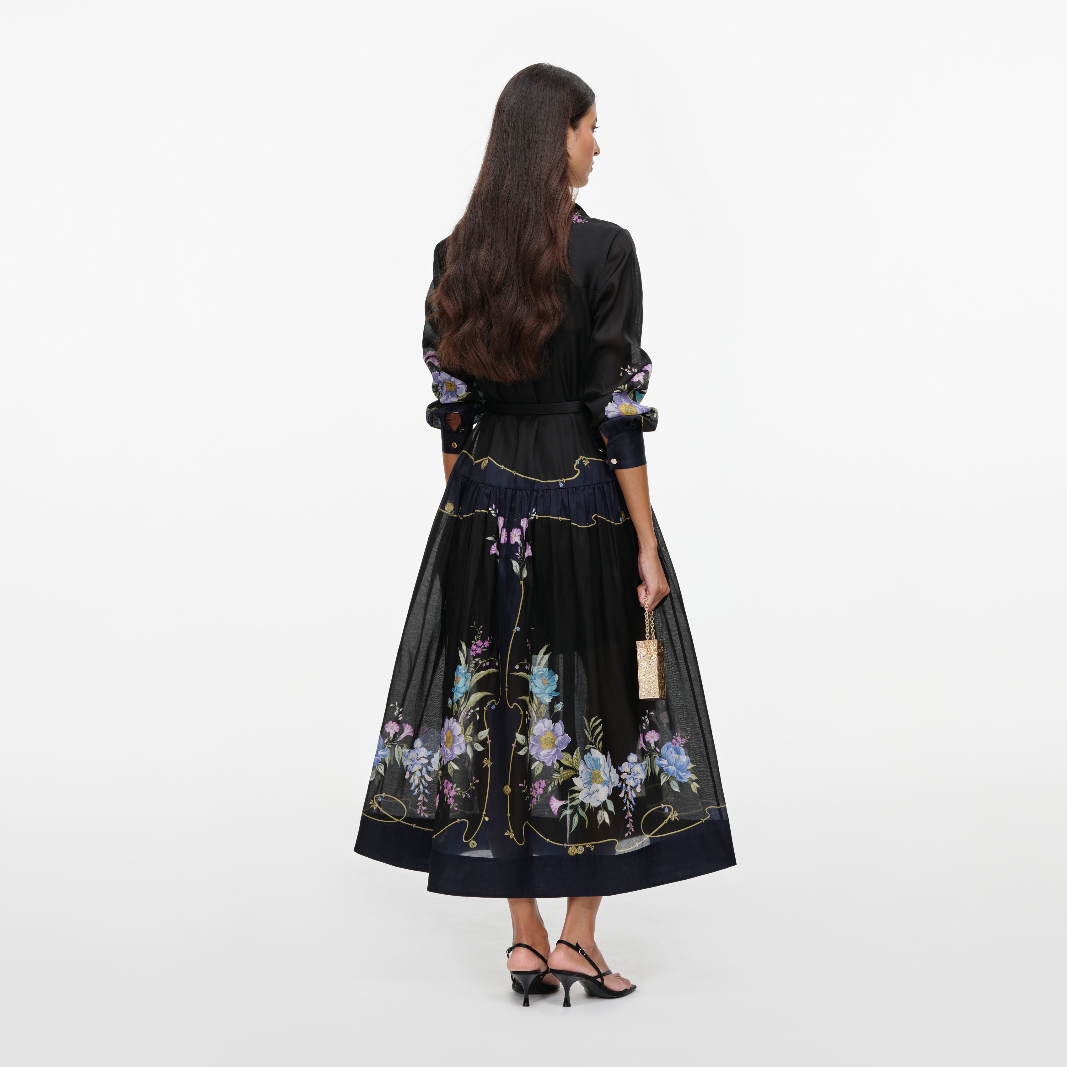 Navy Floral Organza Midi Dress