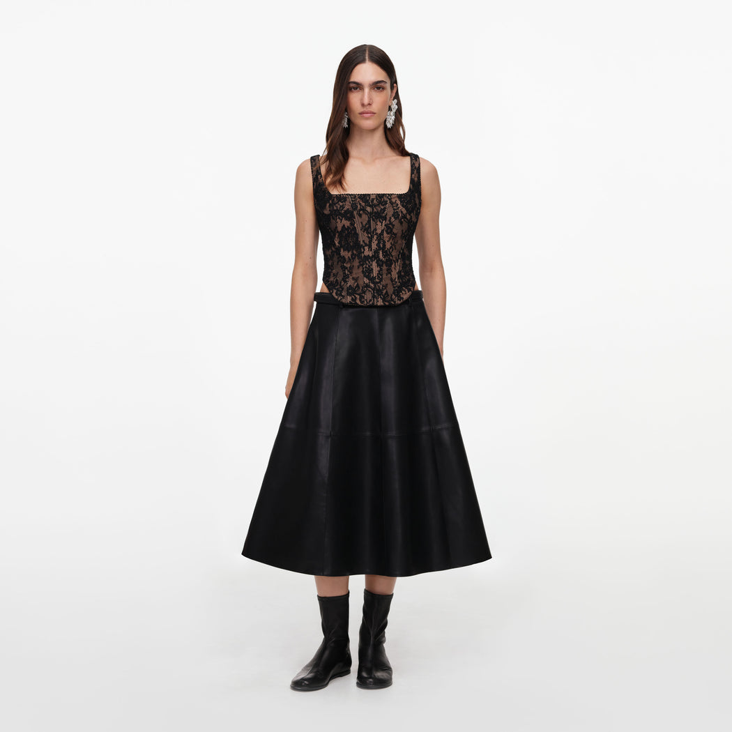 Black Faux Leather Midi Skirt