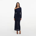 Navy Jacquard Gathered Knit Midi Dress
