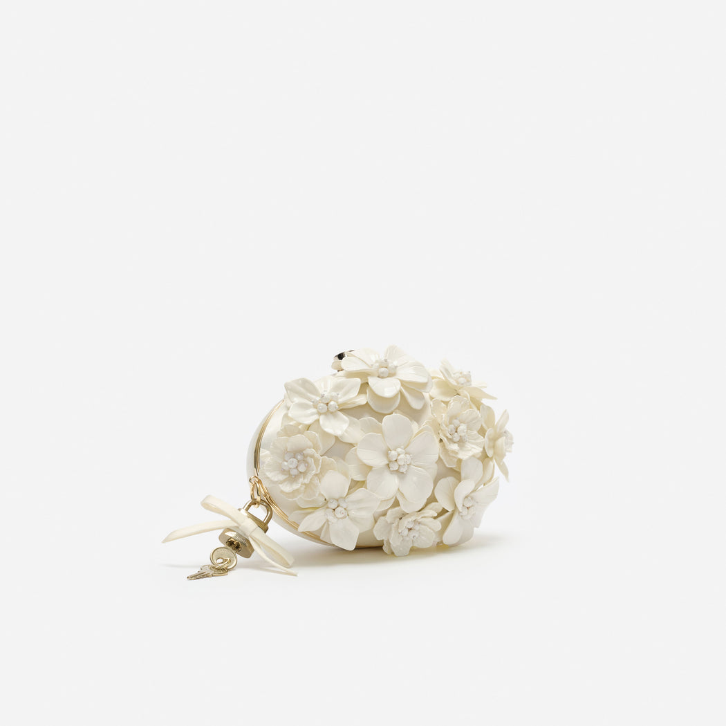 Cream Satin Floral Oval Clutch Bag