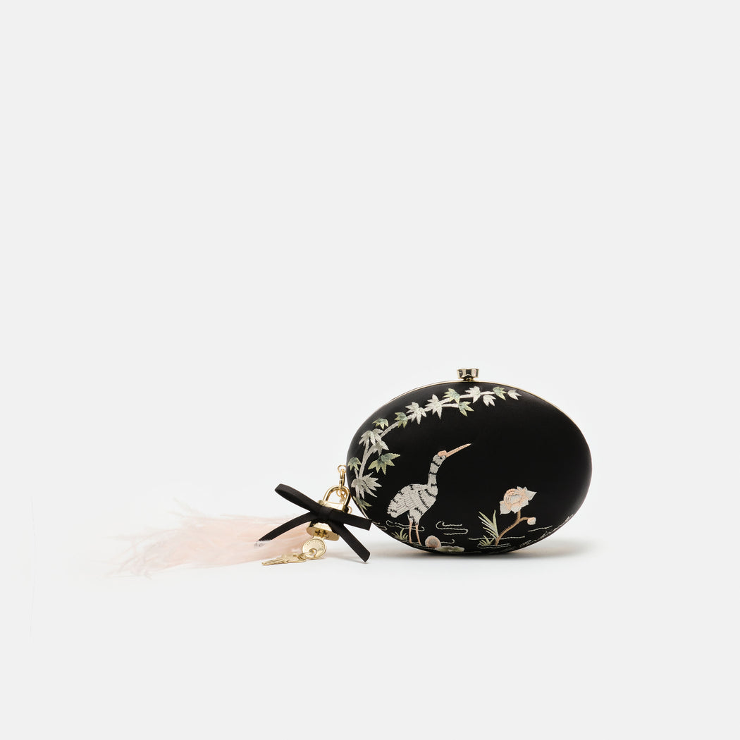 Black Satin Embroidered Oval Clutch Bag