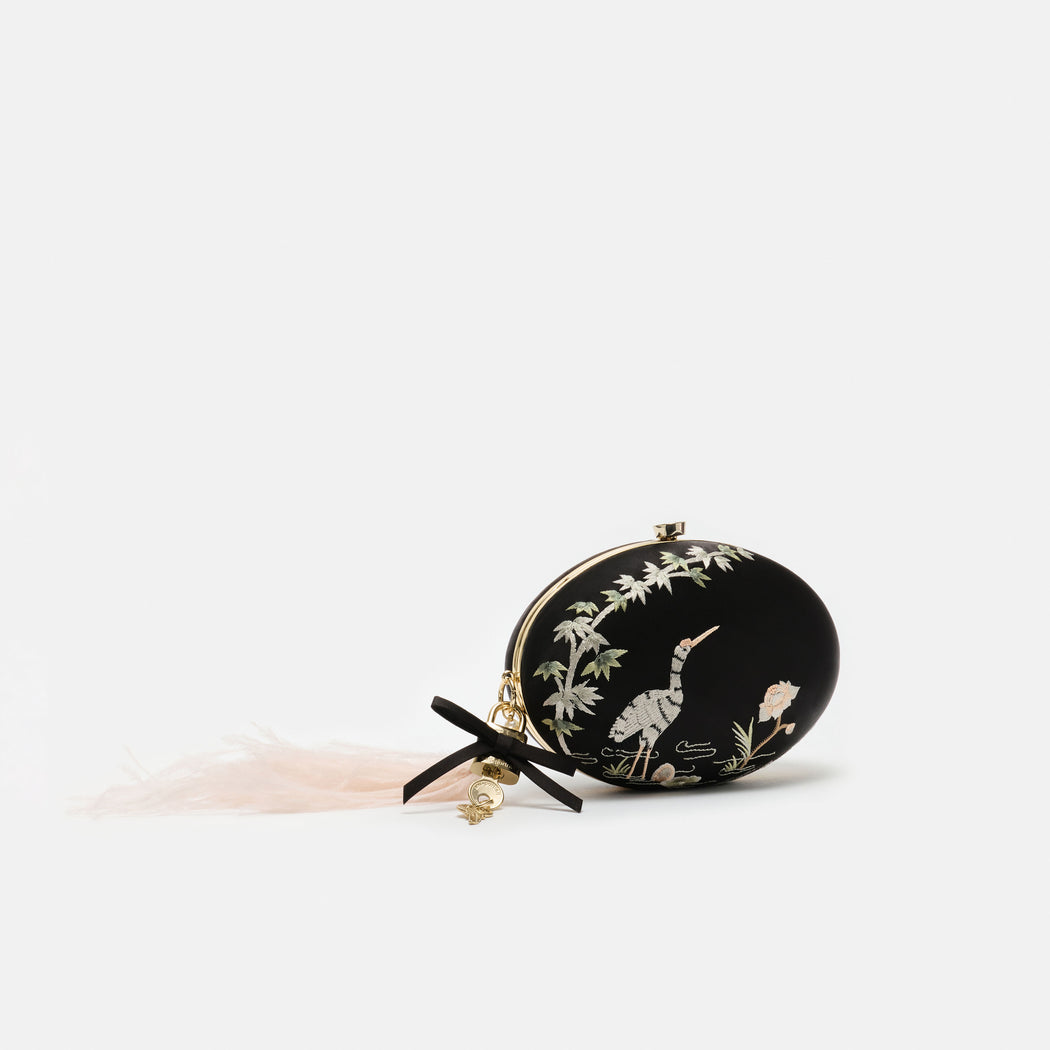 Black Satin Embroidered Oval Clutch Bag