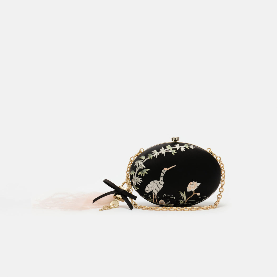 Black Satin Embroidered Oval Clutch Bag