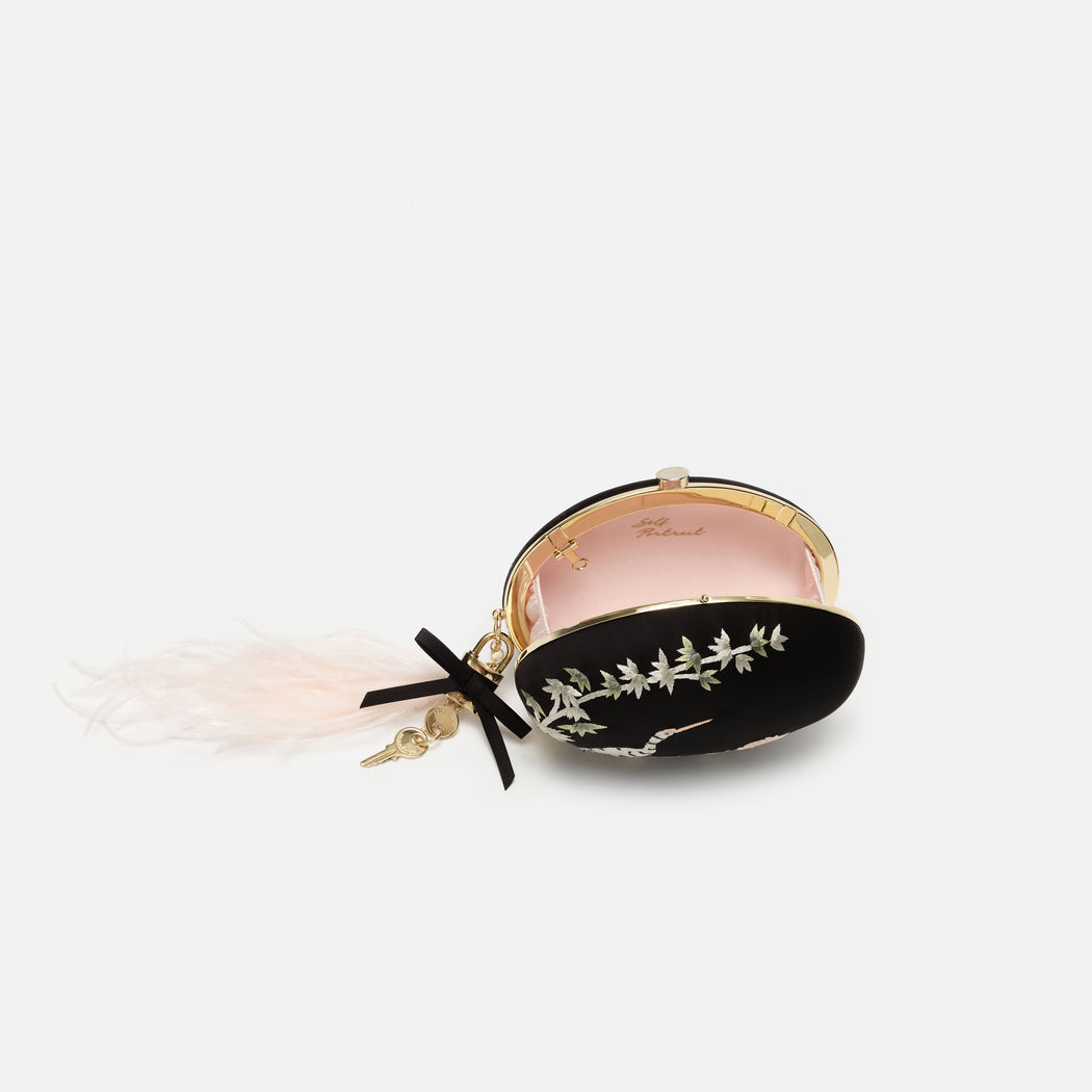 Black Satin Embroidered Oval Clutch Bag