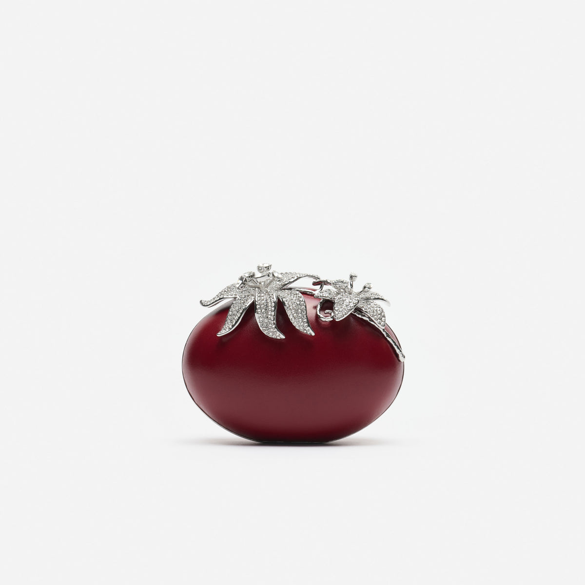 Red Leather Crystal Flower Oval Clutch Bag