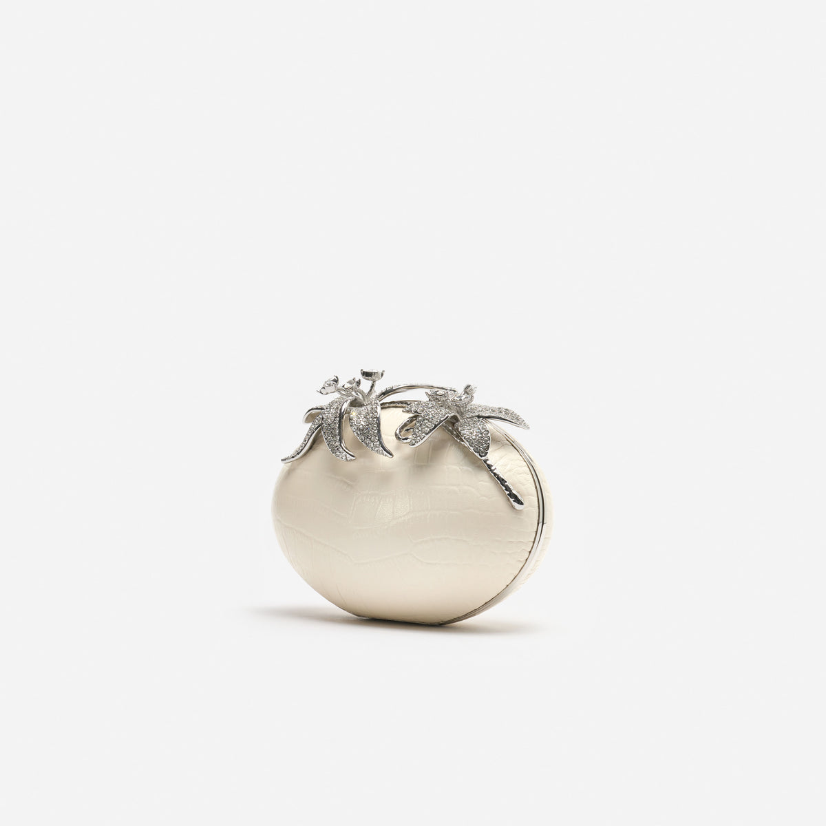 Cream Leather Crystal Flower Oval Clutch Bag