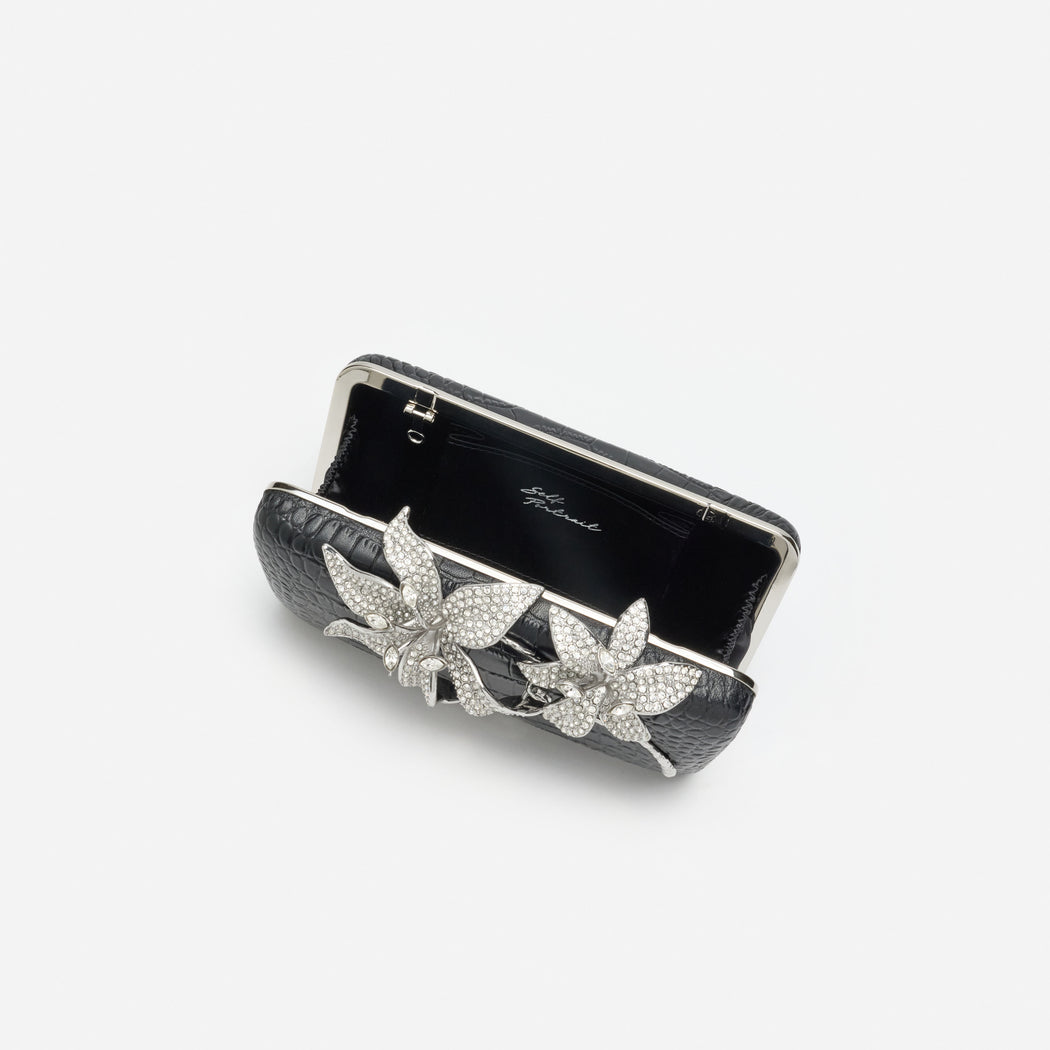 Black Croc Leather Crystal Flower Clutch Bag