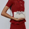 Cream Leather Crystal Flower Clutch Bag