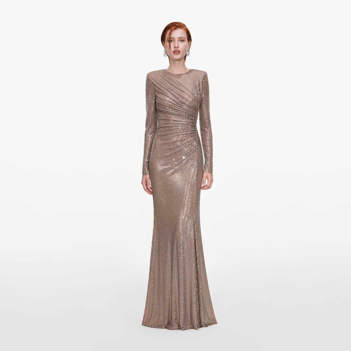 Tan Rhinestone Gathered Maxi Dress