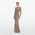 Tan Rhinestone Gathered Maxi Dress