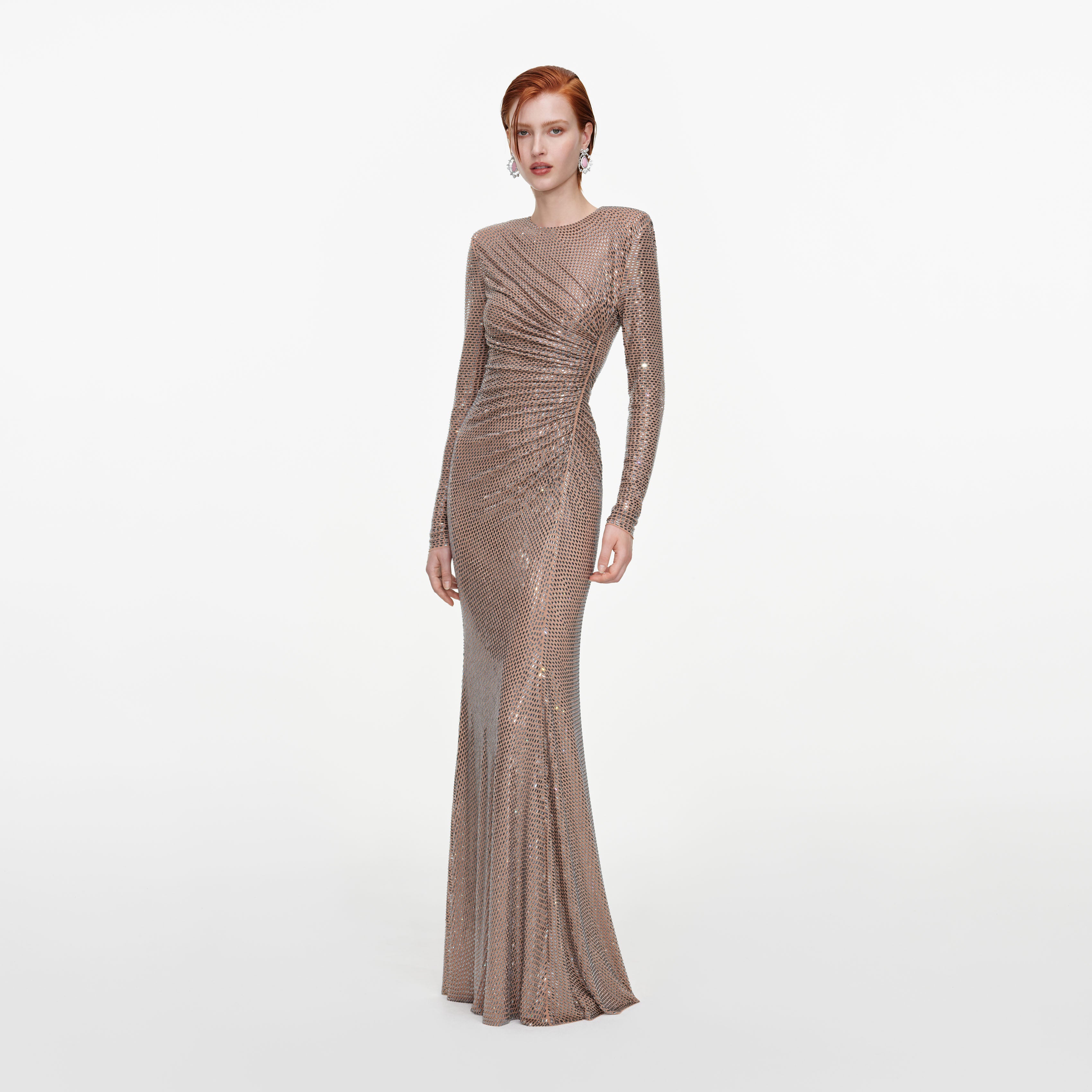 Tan Rhinestone Gathered Maxi Dress
