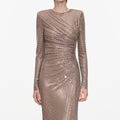 Tan Rhinestone Gathered Maxi Dress