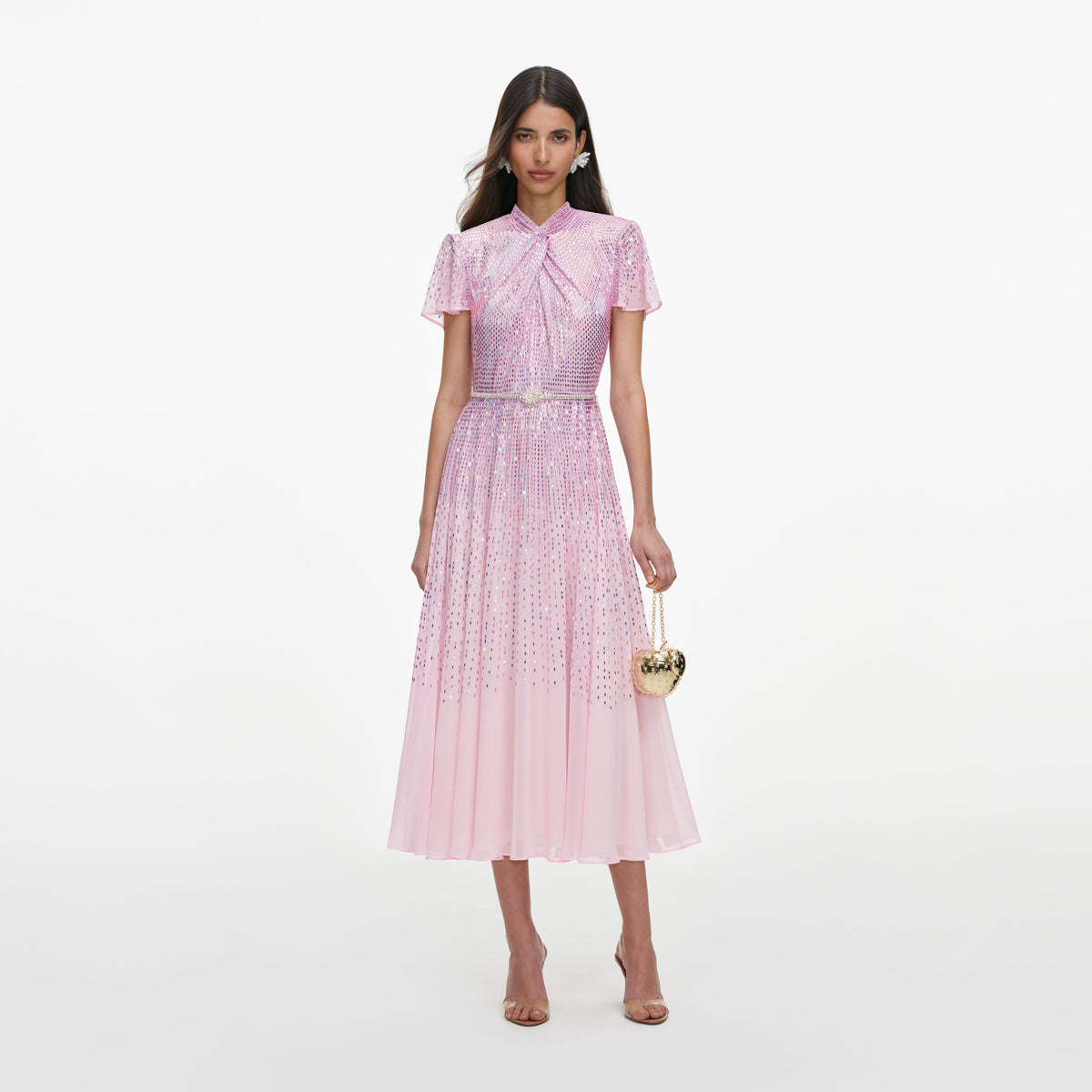 Pink Ombre Rhinestone Twist Midi Dress