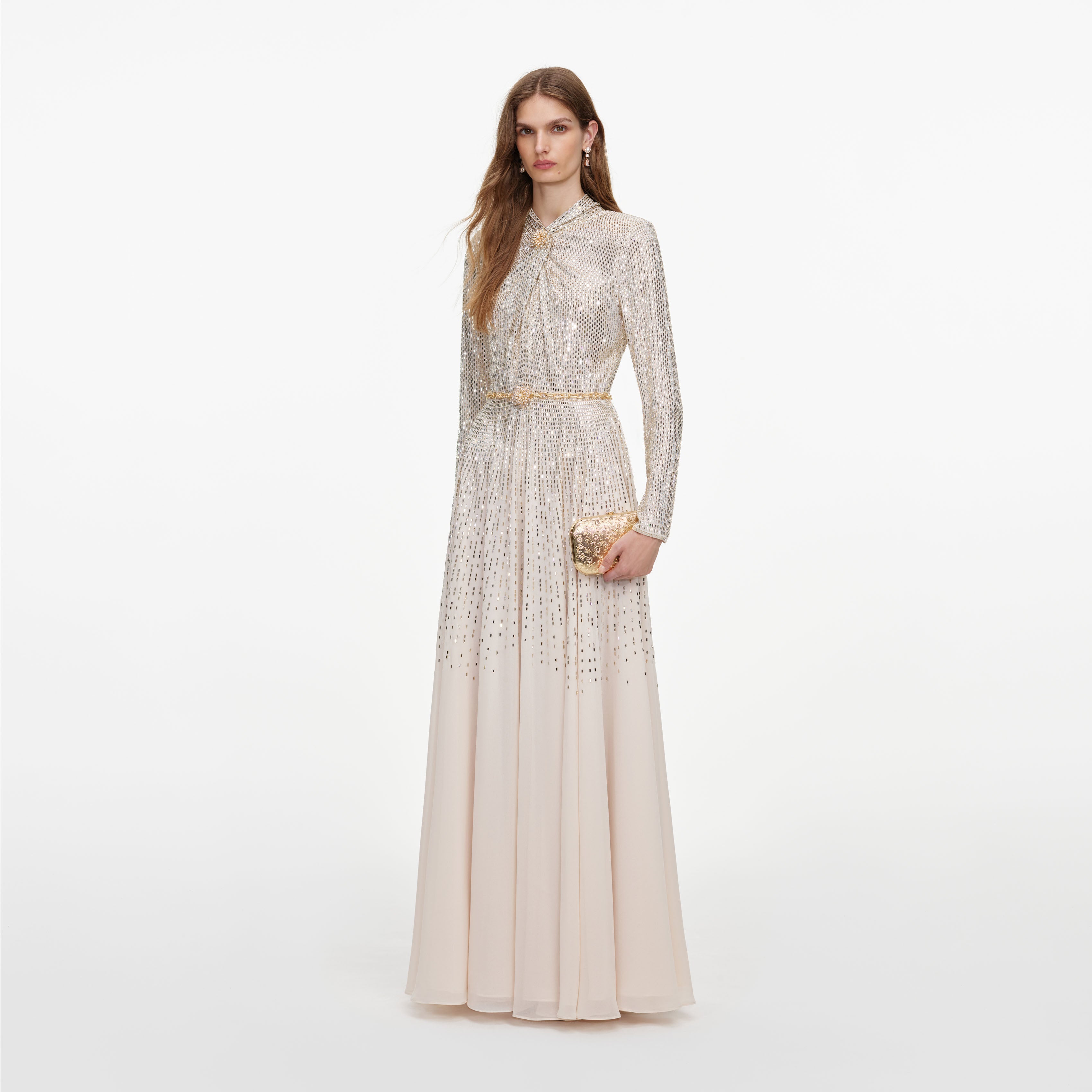 Champagne Ombre Rhinestone Twist Maxi Dress